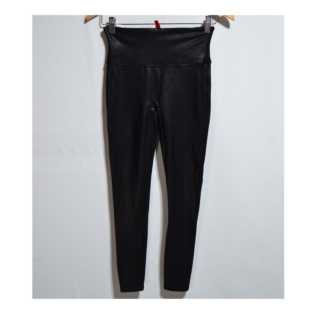 SPANX Woman's Faux Leather Black Metallic Leggings Size Medium